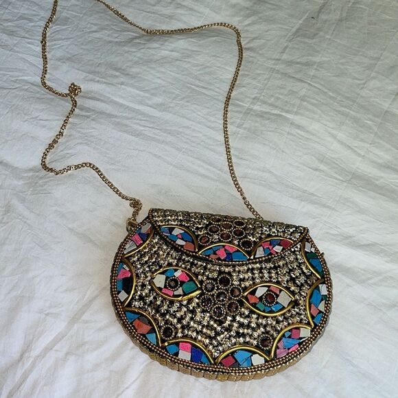 RAMLA Rio mosaic handcrafted gold multicolor shoulder bag clutch new‎ - Picture 3 of 5